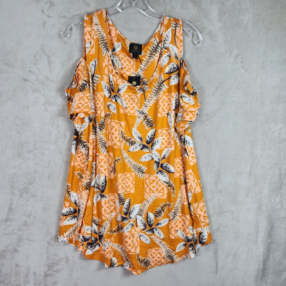 JM Collection Cold Shoulder Top Womens 3X Orange Floral Sante Fe Sun Boho Tee